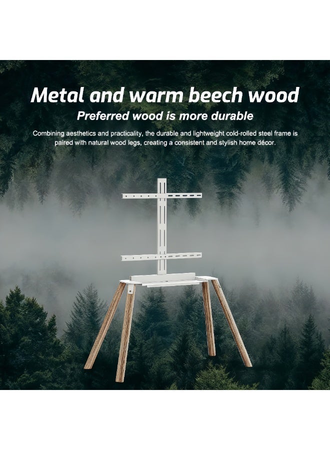 FlashHawk Wooden Floor TV Stand for 32-70 Inch TVs, Modern TV Screen Mount with Solid Beech Wood Legs & Storage Shelf, VESA up to 400x400mm, 40KG Weight Capacity - White - Image 5